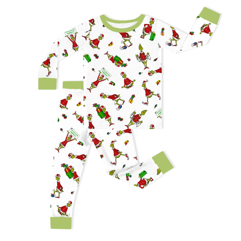 Christmas Green Gift Green Face Kids Bamboo Two-Piece Pajama Set