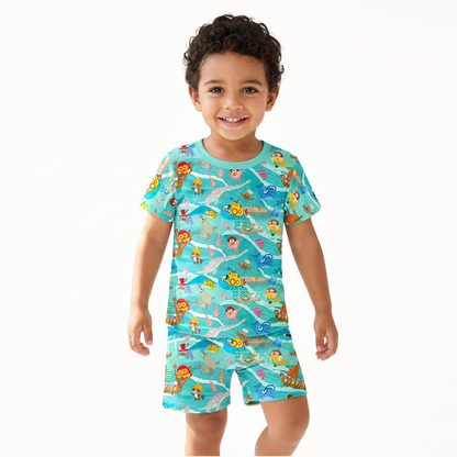 Kids Bamboo Two-Piece Pajama Set Ocean Sailboat and Sea Animal Parade