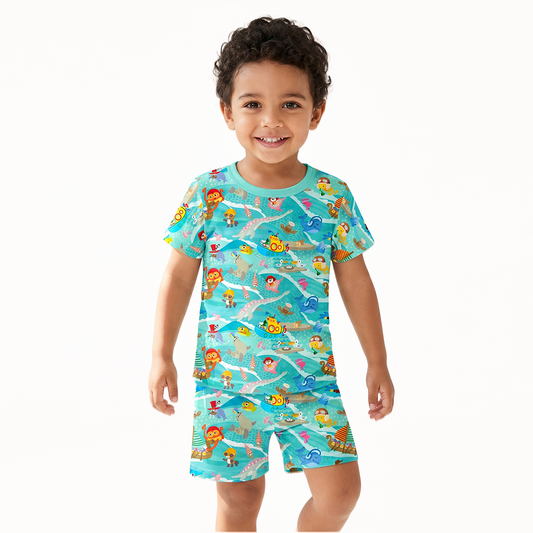 Ocean Sailboat and Sea Animal Parade Kids Bamboo Two-Piece Pajama Short Sleeve Set