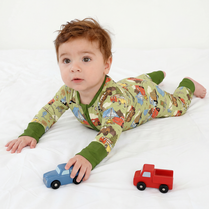 Summer Forest Camping Cars Bamboo Zipper Romper Pajamas