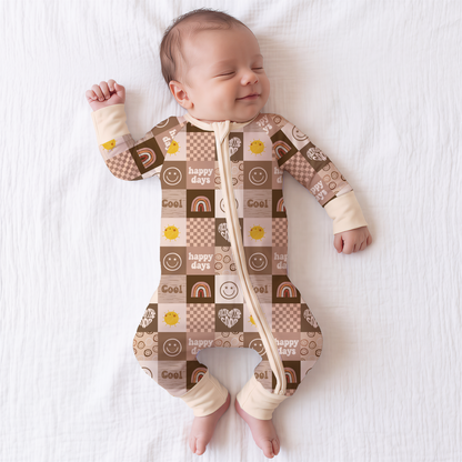 Retro Good Vibes Checkerboard Cream Bamboo Zipper Pajama Romper