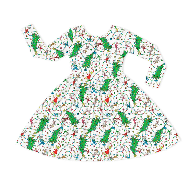 Christmas Tree Light Green Face Kids Bamboo Long Sleeves Dress