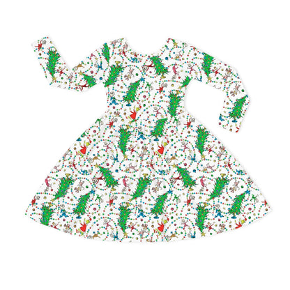 Christmas Tree Light Green Face Kids Bamboo Long Sleeves Dress