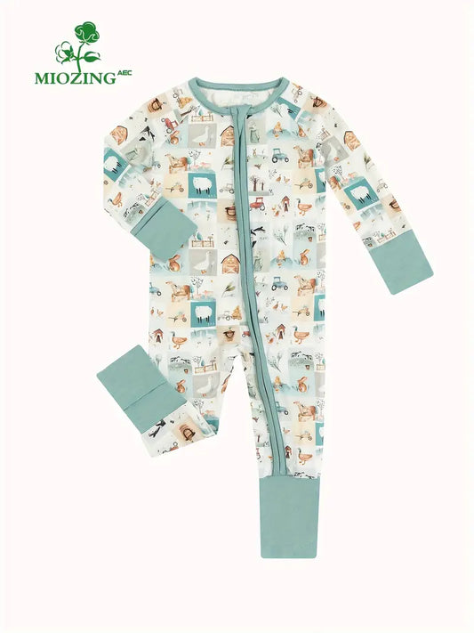 MIOZING Bamboo Fiber Bodysuit For Baby, Cartoon Farm Animal Pattern Long Sleeve Onesie, Infant & Toddler Girl's Indoor And Outdoor Romper