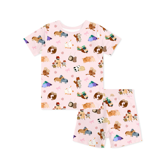 Mother's Day Sweet Farm Friends and Hearts Bows Kids Bamboo Two-Piece Pajama Short Sleeve Set