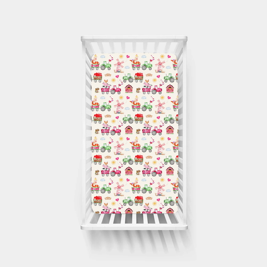 Valentine Farm Adventure Ride and Hearts Green Bamboo Fitted Crib Sheet