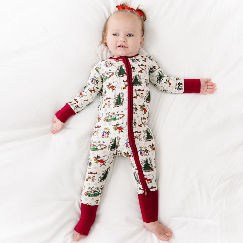 Christmas Snowflake Green Face Dog Baby Bamboo Zipper Romper Pajamas