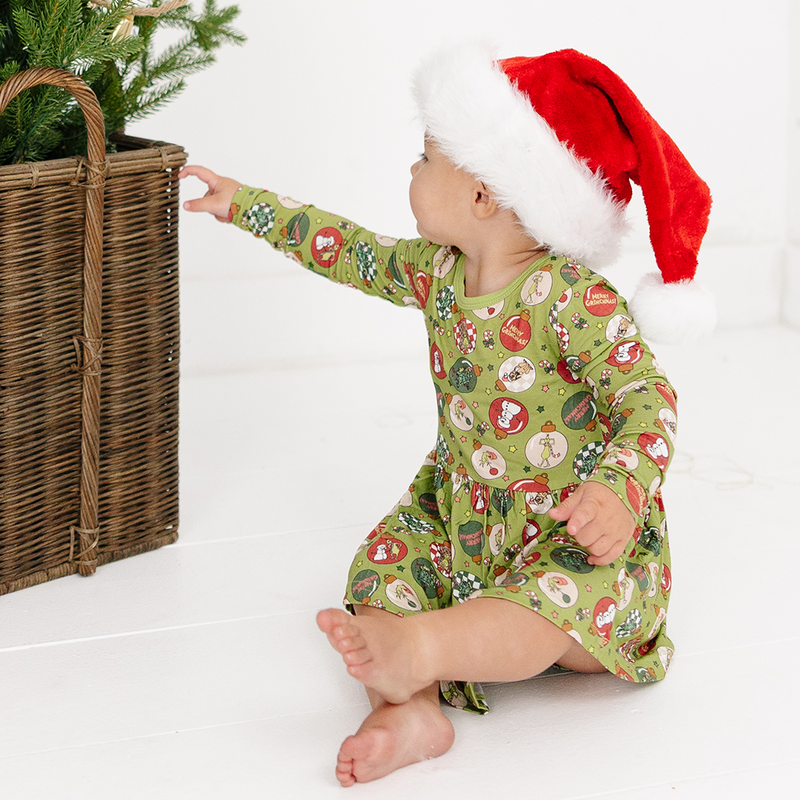 Christmas Green Face Baubles Twirl Dress With Bodysuit