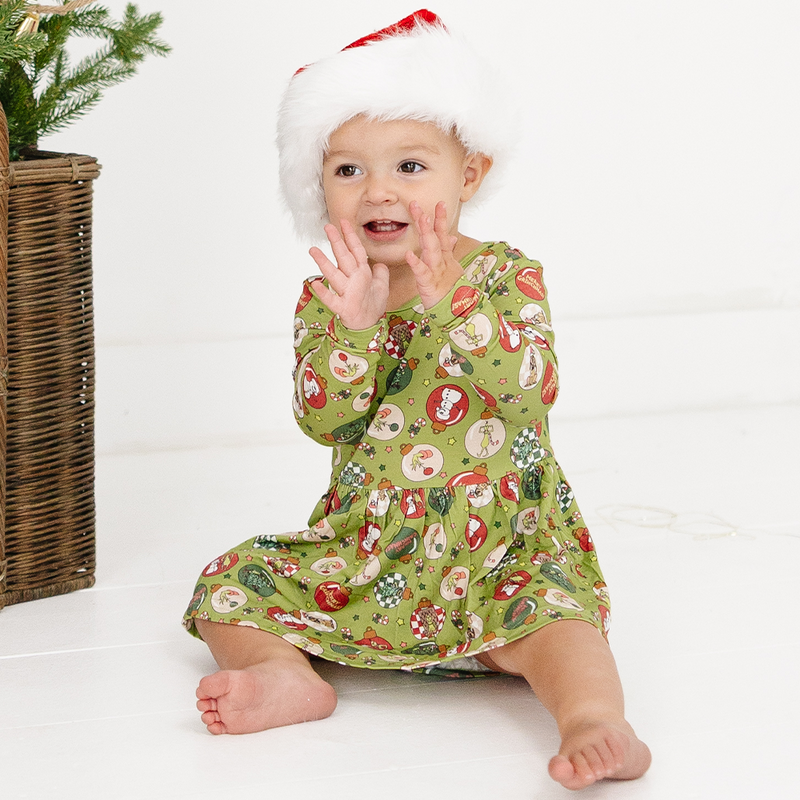 Christmas Green Face Baubles Twirl Dress With Bodysuit