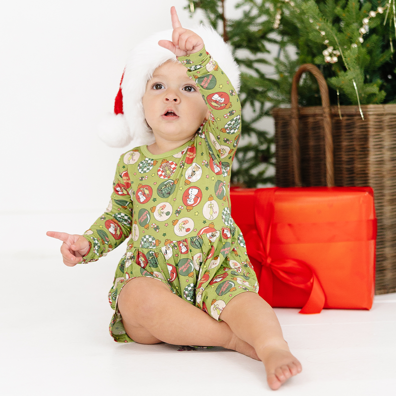 Christmas Green Face Baubles Twirl Dress With Bodysuit