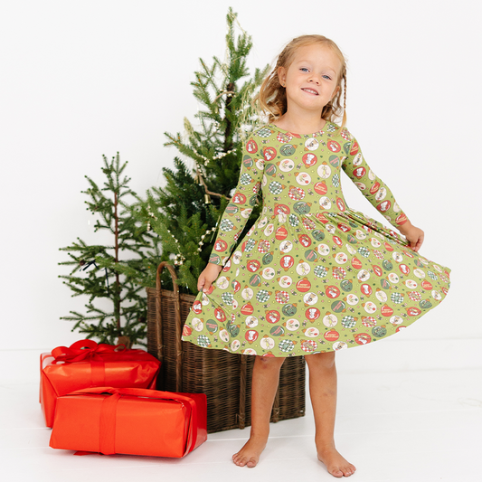 Christmas Green Face Baubles Kids Bamboo Long Sleeves Dress