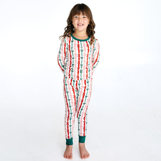 Three-color Striped Bow Kids Bamboo Two-Piece Pajama Set
