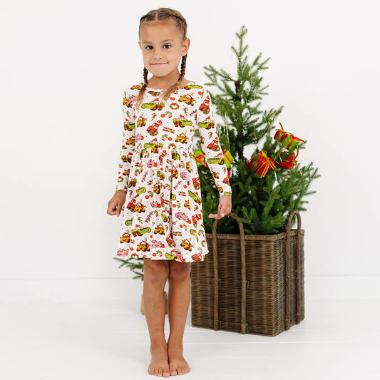 Christmas Cartoon Car Kids Bamboo Long Sleeves Dress