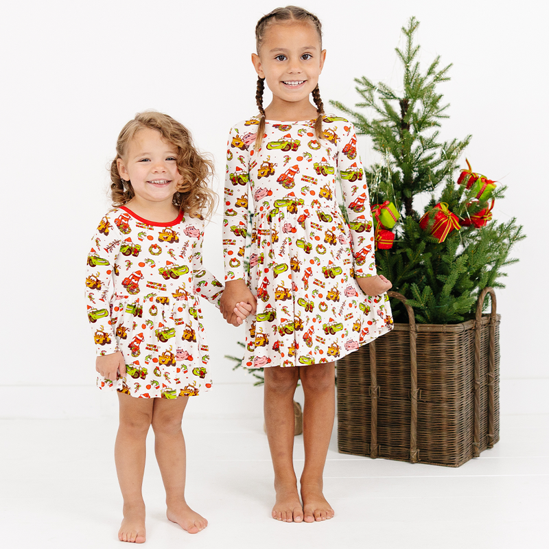 Christmas Cartoon Car Long Sleeve Twirl Dress With Bodysuit