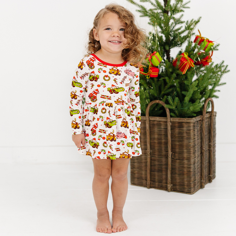 Christmas Cartoon Car Long Sleeve Twirl Dress With Bodysuit