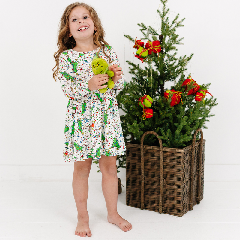 Christmas Tree Light Green Face Kids Bamboo Long Sleeves Dress