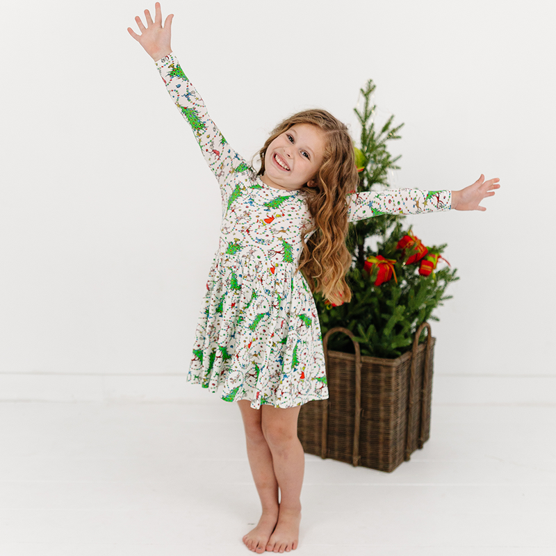 Christmas Tree Light Green Face Kids Bamboo Long Sleeves Dress