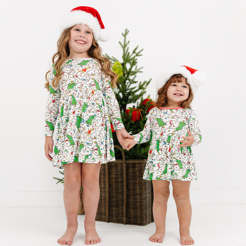 Christmas Tree Light Green Face Long Sleeve Twirl Dress With Bodysuit