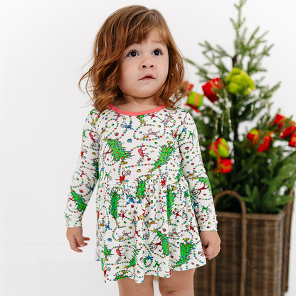 Christmas Tree Light Green Face Long Sleeve Twirl Dress With Bodysuit