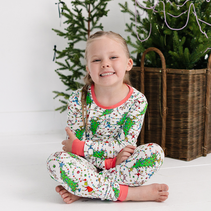 Christmas Tree Light Green Face Kids Bamboo Two-Piece Pajama Set