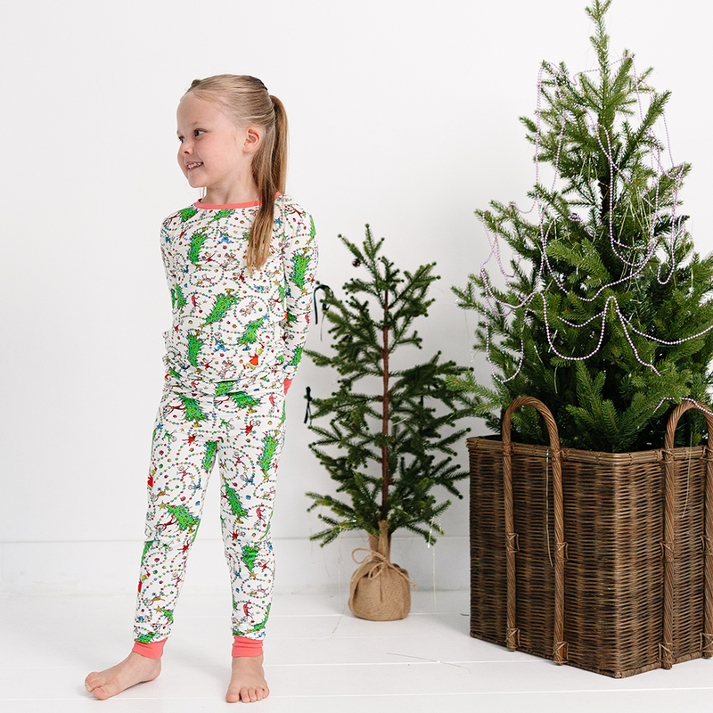 Christmas Tree Light Green Face Kids Bamboo Two-Piece Pajama Set