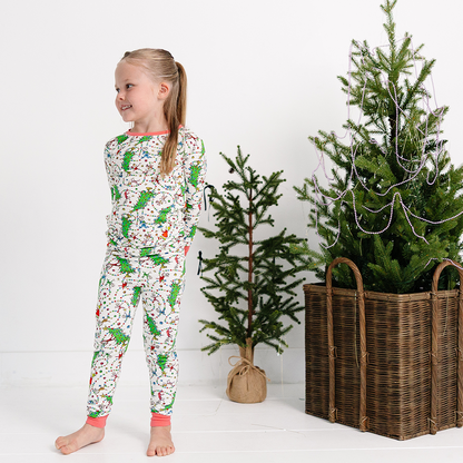 Christmas Tree Light Green Face Kids Bamboo Two-Piece Pajama Set