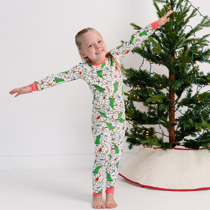 Christmas Tree Light Green Face Kids Bamboo Two-Piece Pajama Set