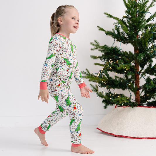 Christmas Tree Light Green Face Kids Bamboo Two-Piece Pajama Set