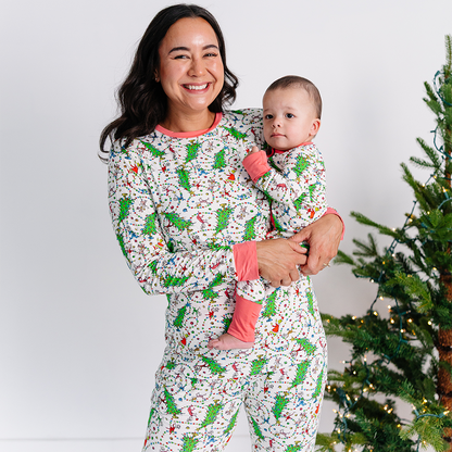Christmas Tree Light Green Face Bamboo Family Matching Pajamas