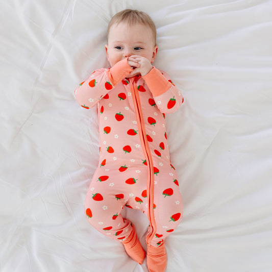 Strawberry Flowers Baby Bamboo Zipper Romper Pajamas