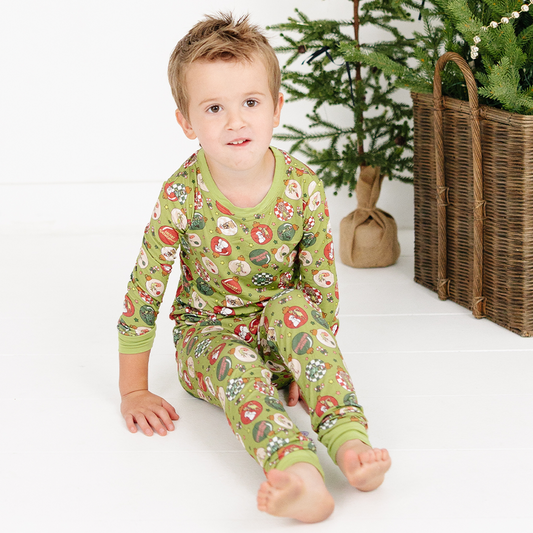 Christmas Green Face Baubles Kids Bamboo Two-Piece Pajama Set