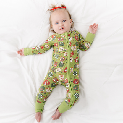 Christmas Green Face Baubles Baby Bamboo Zipper Romper Pajama