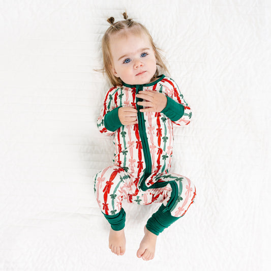 Three-color Striped Bow Baby Bamboo Zipper Romper Pajamas