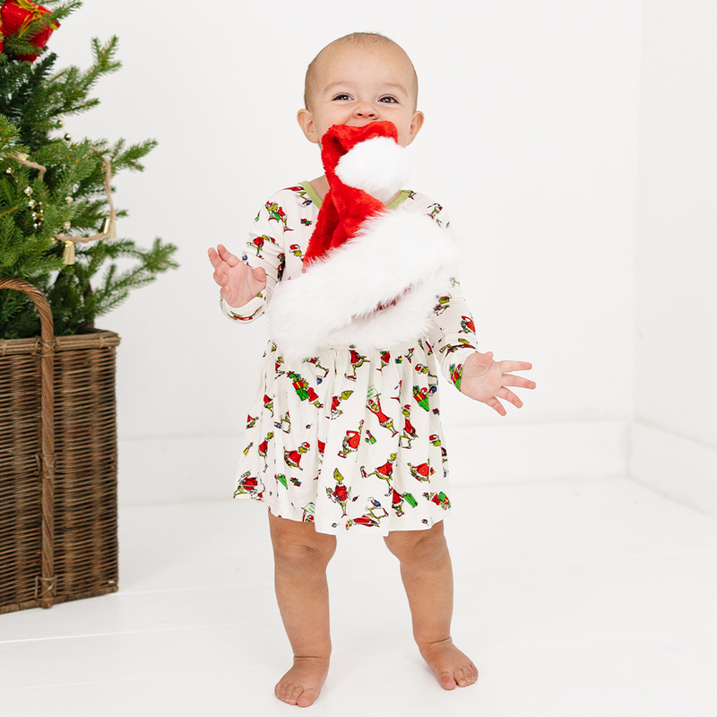 Christmas Green Gift Green Face Long Sleeve Twirl Dress With Bodysuit