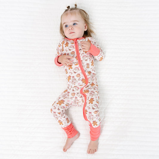 Christmas Gingerbread Man Pink Bamboo Zipper Romper Pajamas