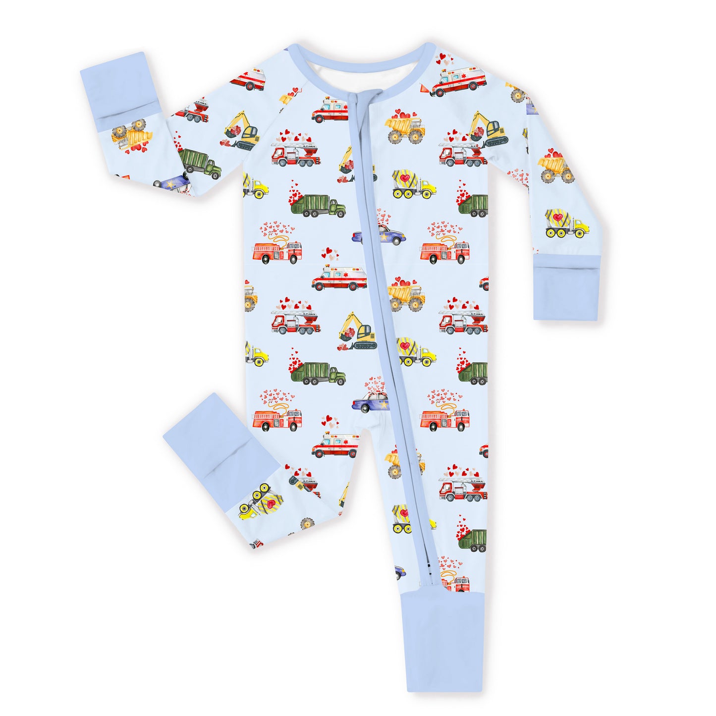 Valentine Hearts on Wheels Bamboo Zipper Romper Pajamas