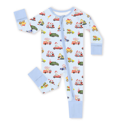 Valentine Hearts on Wheels Bamboo Zipper Romper Pajamas