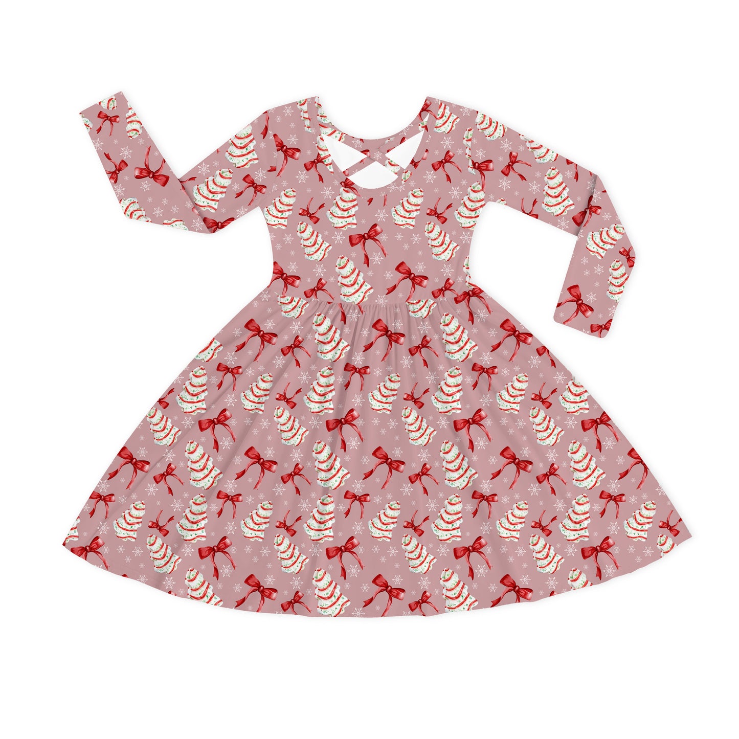 Christmas Pink Tree Cakes and Bows Kid Bamboo Long Sleeve Dress