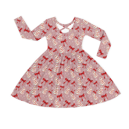 Christmas Pink Tree Cakes and Bows Kid Bamboo Long Sleeve Dress