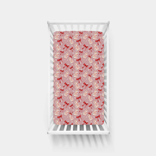Christmas Pink Tree Cakes and Bows Bamboo Fitted Crib Sheet