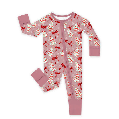 Christmas Pink Tree Cakes and Bows Bamboo Zipper Romper Pajamas