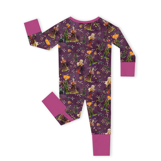 Halloween Hocus Pocus Sisters Witch Purple Bamboo Zipper Romper Pajamas bamboo clothing design - baby apparel bamboo clothing with custom design - baby wear front view