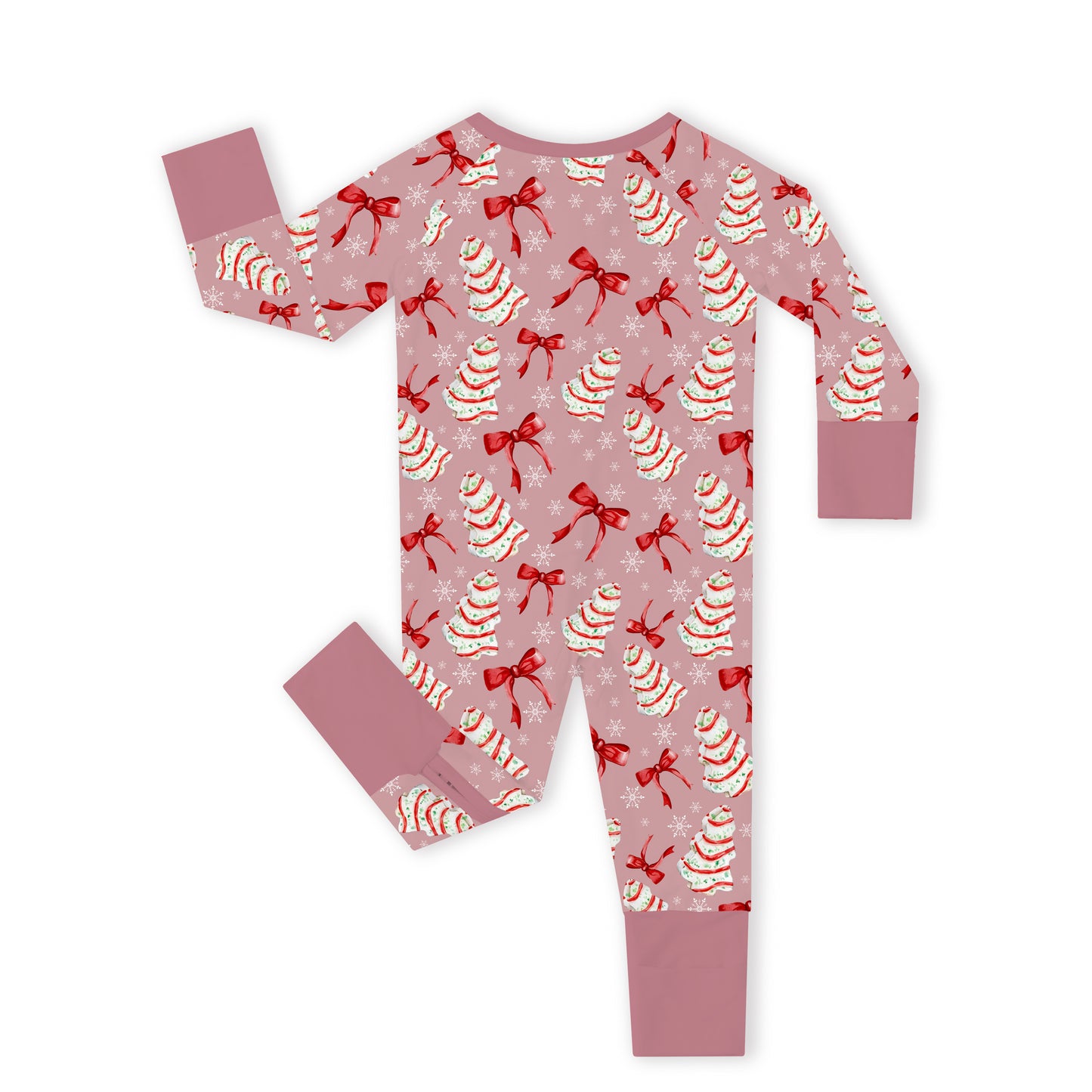 Christmas Pink Tree Cakes and Bows Bamboo Zipper Romper Pajamas
