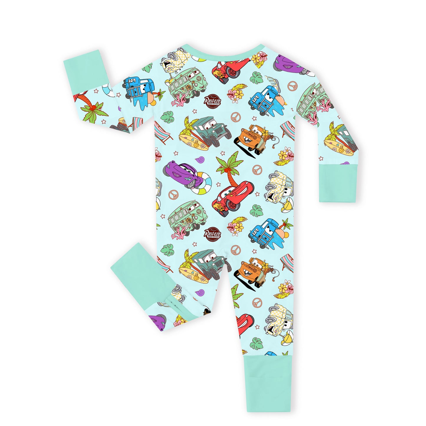 Vintage Cars Road Trip Mint Green Bamboo Zipper Romper Pajamas