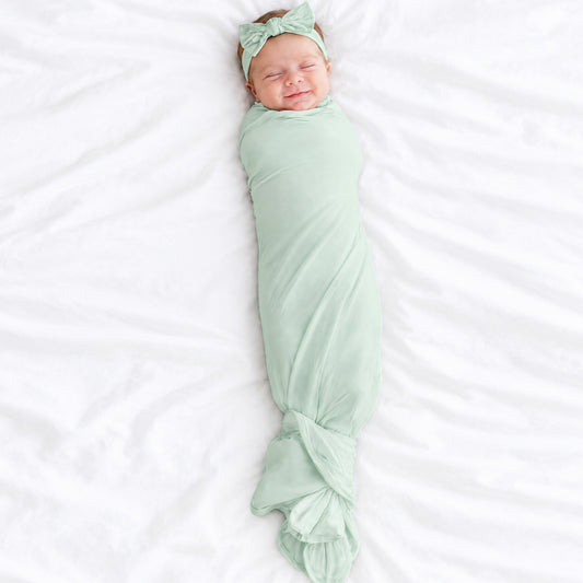 Sage Green Solid Bamboo Knotted Gown with Hat Set