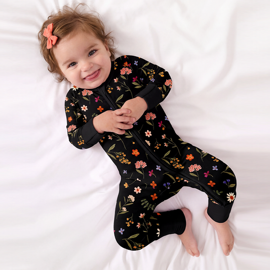Midnight Wildflower Floral Fantasy Bamboo Zipper Romper Pajamas