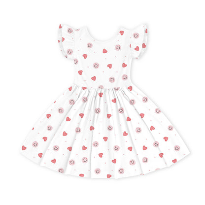 Sweet Hearts and Smiley Faces Pink Kids Bamboo Short Sleeves Dress