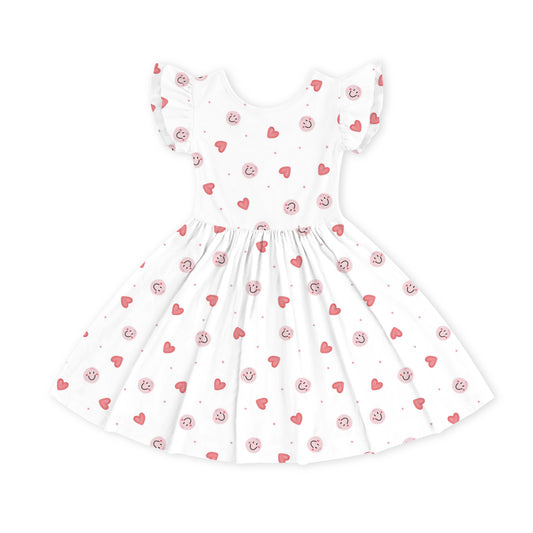 Sweet Hearts and Smiley Faces Pink Kids Bamboo Short Sleeves Dress