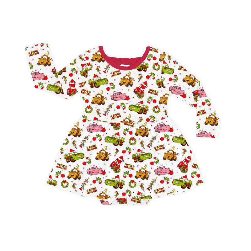 Christmas Cartoon Car Long Sleeve Twirl Dress With Bodysuit