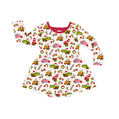 Christmas Cartoon Car Long Sleeve Twirl Dress With Bodysuit